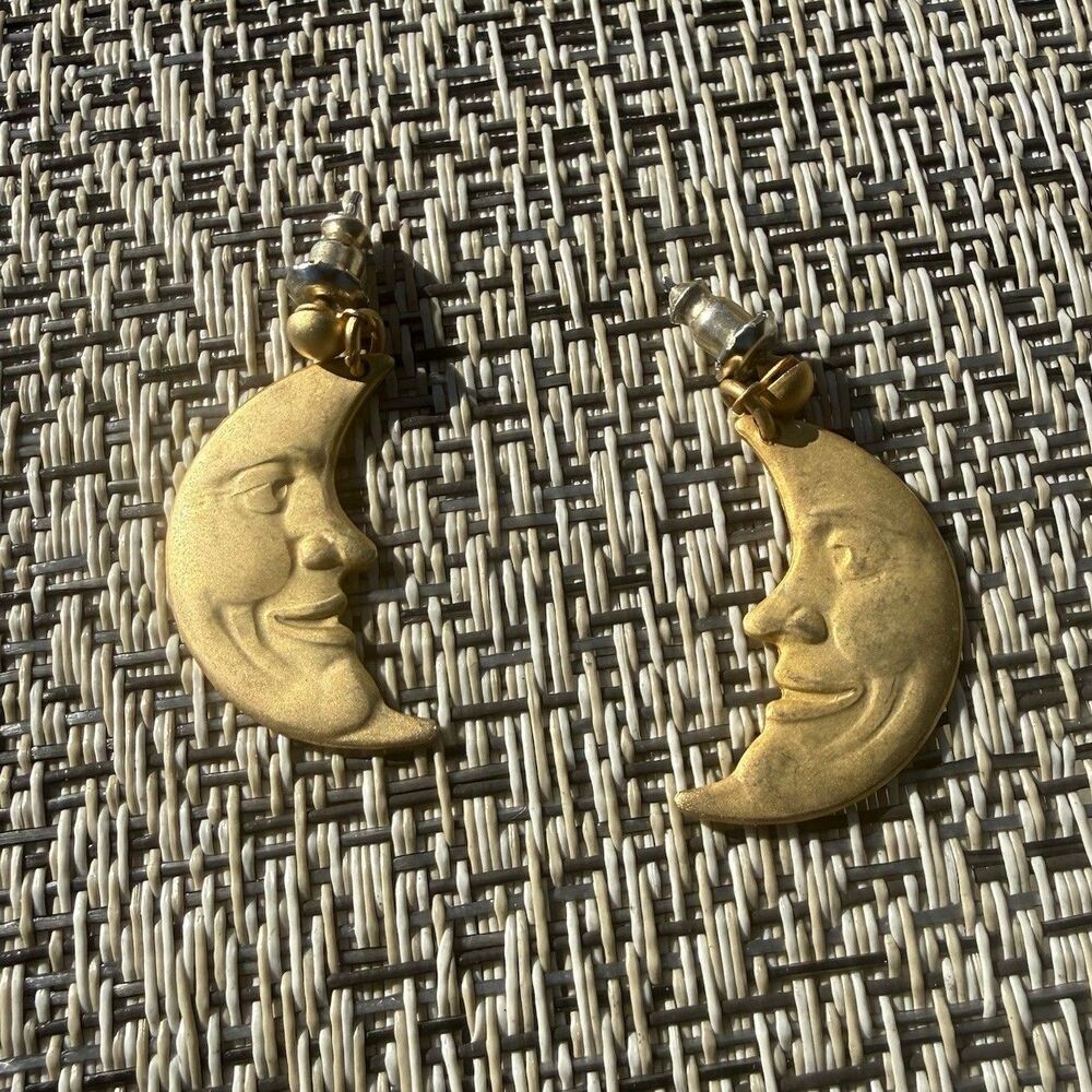 Vintage Man In The Moon Dangle Earrings Matte Gold Tone Celestial Witchy Fairy - Picture 2 of 4